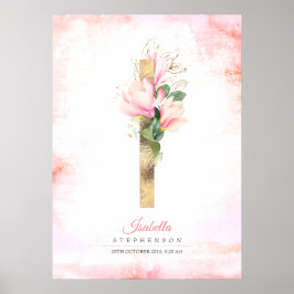 Póster Monograma de letra I dorada flores magnolia rosa