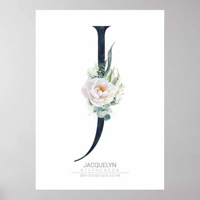 Póster Monograma de letra J flores blancas y follaje (Frente)