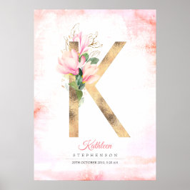 Póster Monograma de letra K hojas doradas magnolia floral