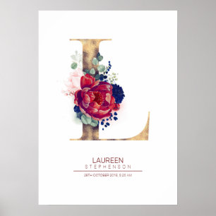 Póster Monograma de letra L floral azul marino y burgundy