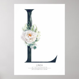 Póster Monograma de letra L flores blancas y follaje