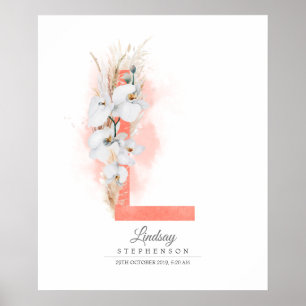 Póster Monograma de letra L orquídeas blancas y hierba de