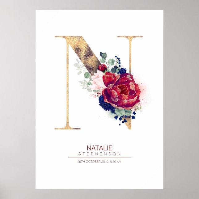Póster Monograma de letra N floral azul marino y burgundy (Frente)
