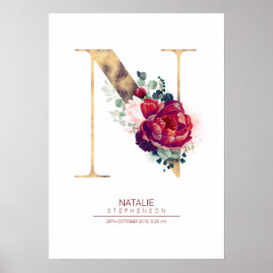 Póster Monograma de letra N floral burdeos y dorado