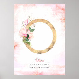 Póster Monograma de letra O dorada flores magnolia rosa