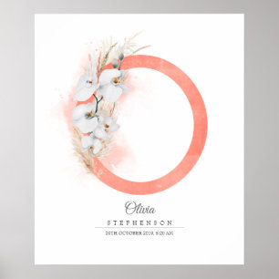 Póster Monograma de letra O orquídeas blancas y hierba de