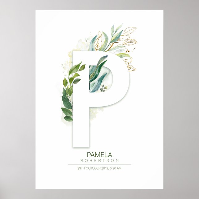 Póster Monograma de letra P dorada con follaje chic (Frente)