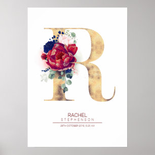 Póster Monograma de letra R floral azul marino y burgundy