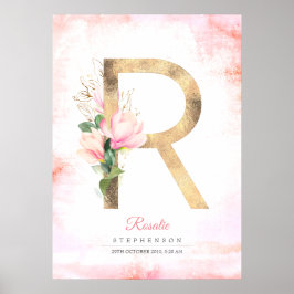 Póster Monograma de letra R hojas doradas magnolia floral