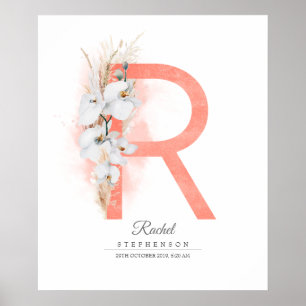 Póster Monograma de letra R orquídeas blancas y hierba de