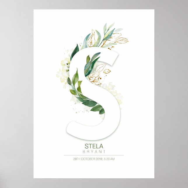 Póster Monograma de letra S dorada con follaje chic (Frente)