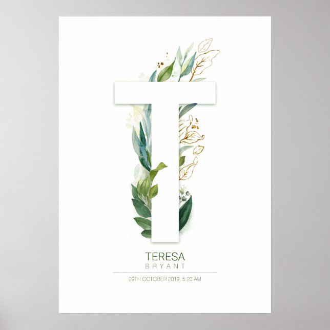 Póster Monograma de letra T dorada con follaje chic (Frente)