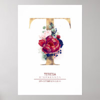Monograma de letra T floral azul marino y burgundy