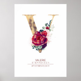 Póster Monograma de letra V floral burdeos rojo y dorado