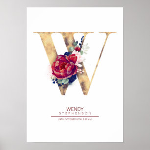 Póster Monograma de letra W floral azul marino y burgundy