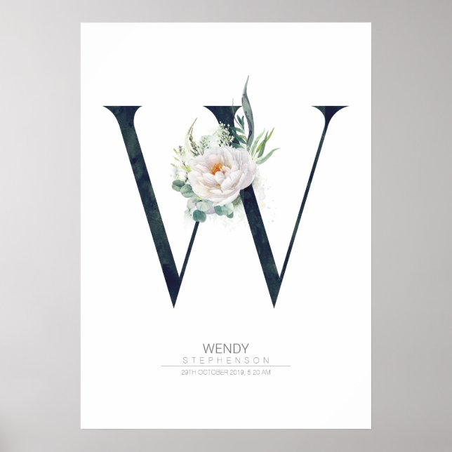 Póster Monograma de letra W Flores blancas y follaje (Frente)