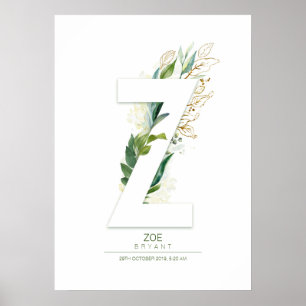Póster Monograma de letra Z dorada con follaje soñador