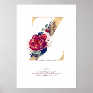 Póster Monograma de letra Z floral azul marino y burgundy