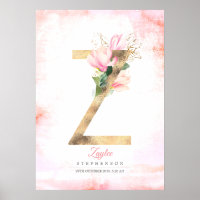 Monograma de letra Z hojas doradas magnolia floral