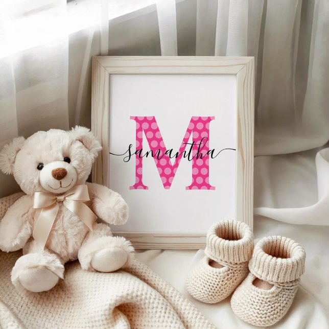 Póster Monograma de lunares rosa femenino (Girly Pink Polka Dot Monogram Poster)