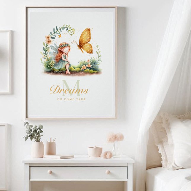 Póster Monograma de mariposa de jardín encantado Princesa (enchanted garden fairy princess garden butterfly nursery kids decor personalized monogram inspiring)