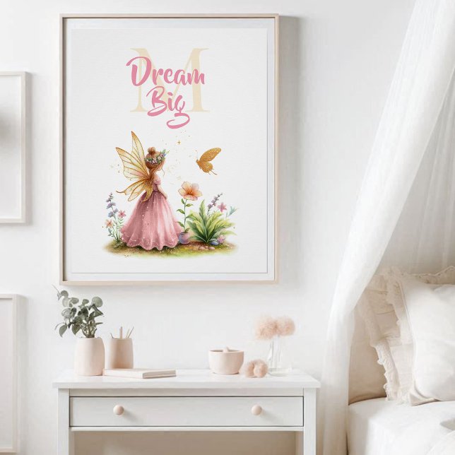Póster Monograma de mariposa Princesa Hada Inspirador (enchanted garden fairy princess nursery kids decor poster personalized monogram inspirational)