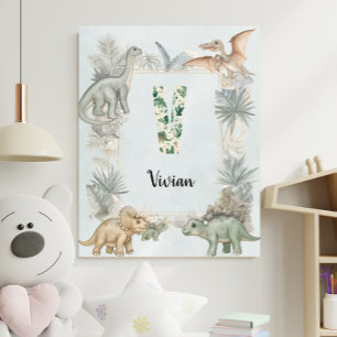 Póster Monograma de nombre personalizado de dinosaurio V