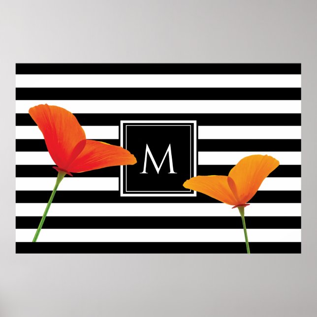 Póster Monograma de rayas negras de Moda de amapola (Frente)
