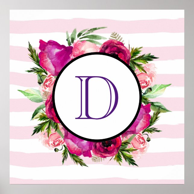 Póster Monograma de rosa y adormidera floral (Frente)