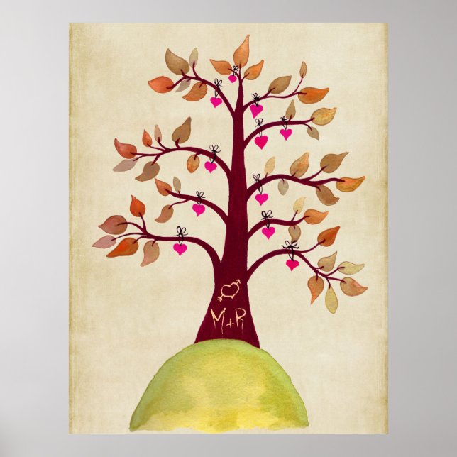 Póster Monograma del Boda del árbol de otoño de otoño (Frente)