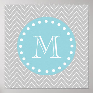 Póster Monograma del Personalizado Gris y Azul Moderno Ch