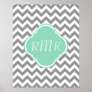 Póster Monograma del Personalizado Gris y Zigzag Blanco