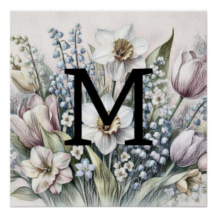 Póster Monograma dibujo floral tullitos rosados daffodios