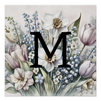 Póster Monograma dibujo floral tullitos rosados daffodios