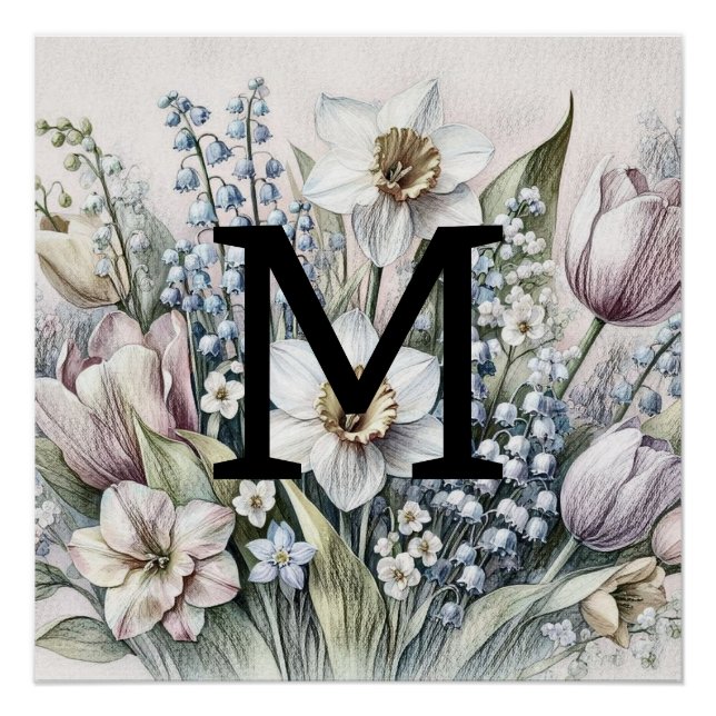 Póster Monograma dibujo floral tullitos rosados daffodios (Anverso)