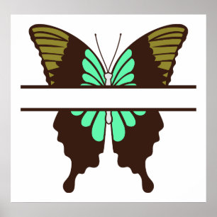 Póster Monograma dividido de mariposa verde personalizado