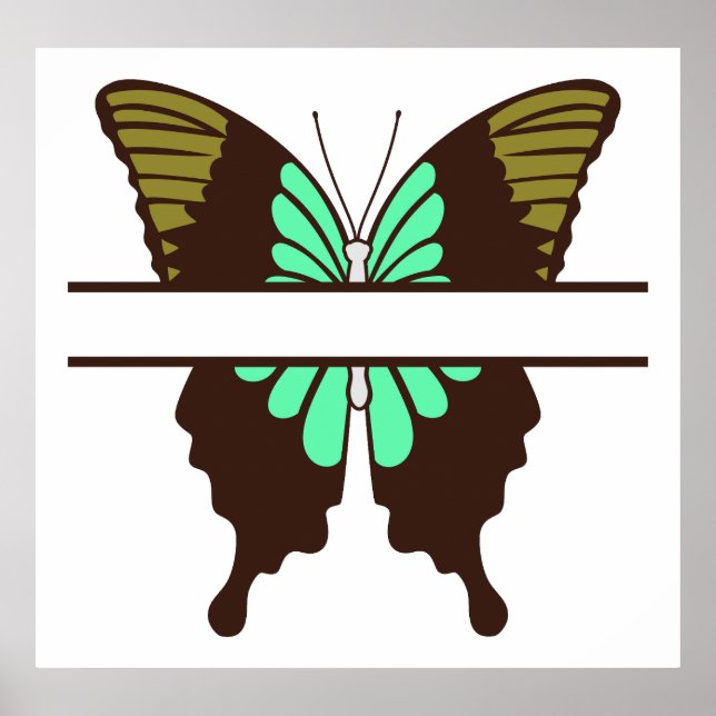 Póster Monograma dividido de mariposa verde personalizado (Frente)