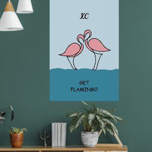 Póster Monograma dos flamencos rosas en la cita del agua