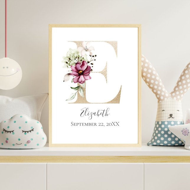 Póster Monograma E Letra blanca rosa floral dorada Nurser (Monogram Letter E Gold Pink Floral Watercolor Nursery Wall Art)