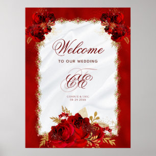 Póster Monograma elegante Boda floral de oro rojo