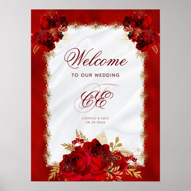 Póster Monograma elegante Boda floral de oro rojo (Frente)