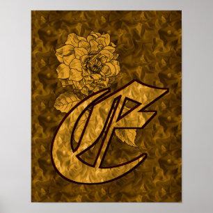 Póster Monograma Elegante Inicial E Flor de Peonía Dorada