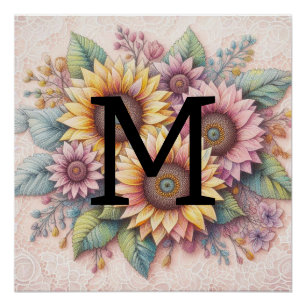 Póster Monograma encaje floral rosado naranja amarillo gi