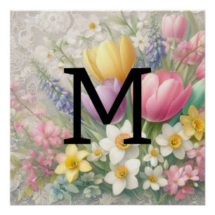 Póster Monograma encaje floral tulipanes rosa pastel