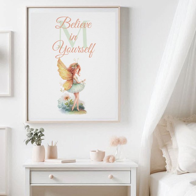 Póster Monograma encantado Princesa de hadas Inspirador (enchanted garden fairy princess nursery kids decor poster personalized monogram inspirational pink)