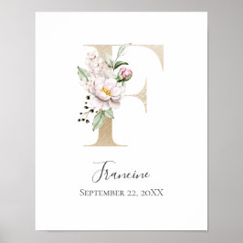 Póster Monograma F Rosa Blanco Floral Letra Dorada Guarde