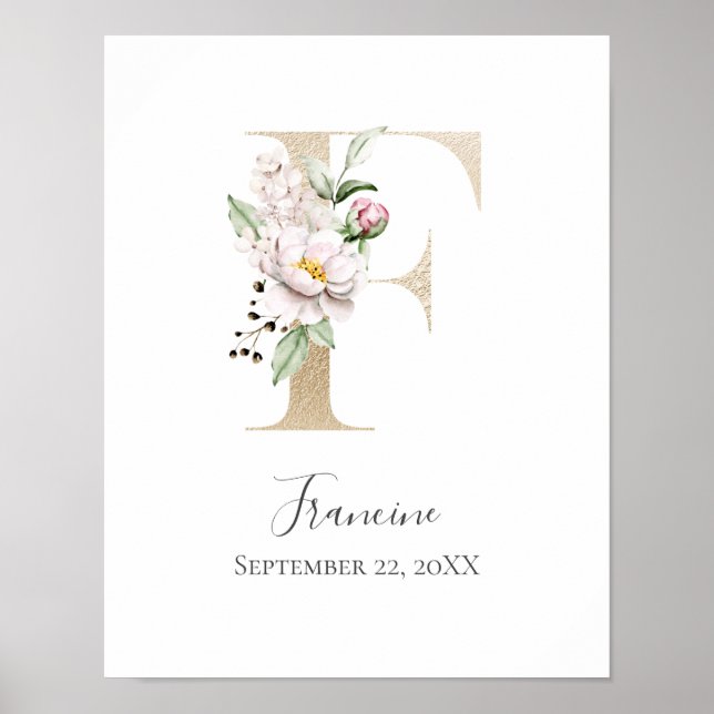 Póster Monograma F Rosa Blanco Floral Letra Dorada Guarde (Frente)