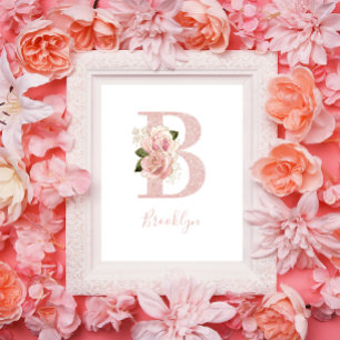 Póster Monograma femenino de rosa dorado pálido con brill