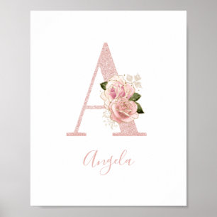 Póster Monograma floral girly rosa dorado pálido A
