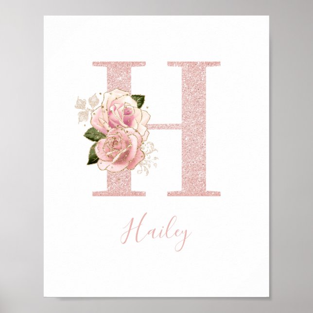 Póster Monograma floral girly rosa dorado pálido con bril (Frente)